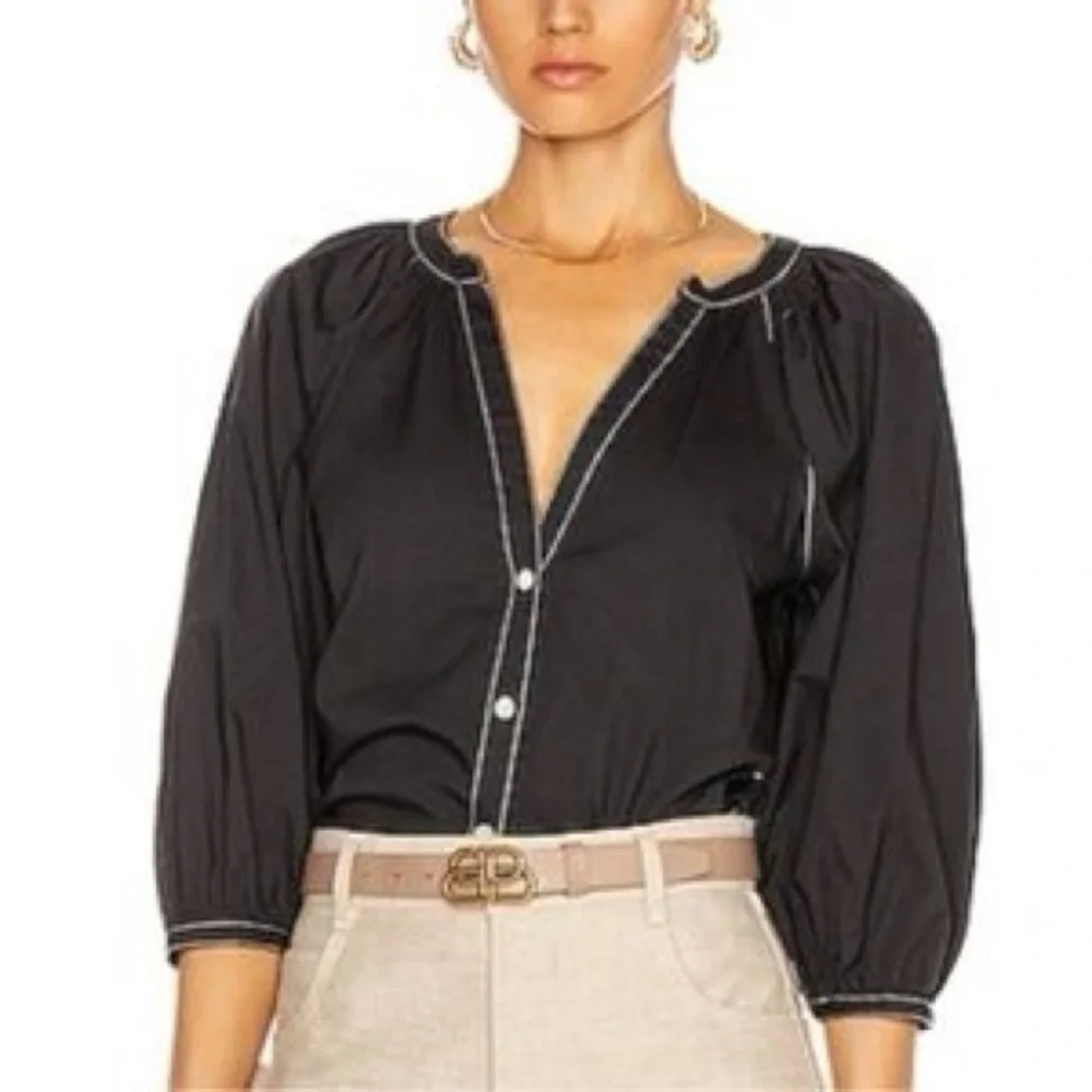 STAUD XS Dill Black Puff Sleeve Button Down Blouse Contrast Stitching - Picture 1 of 8
